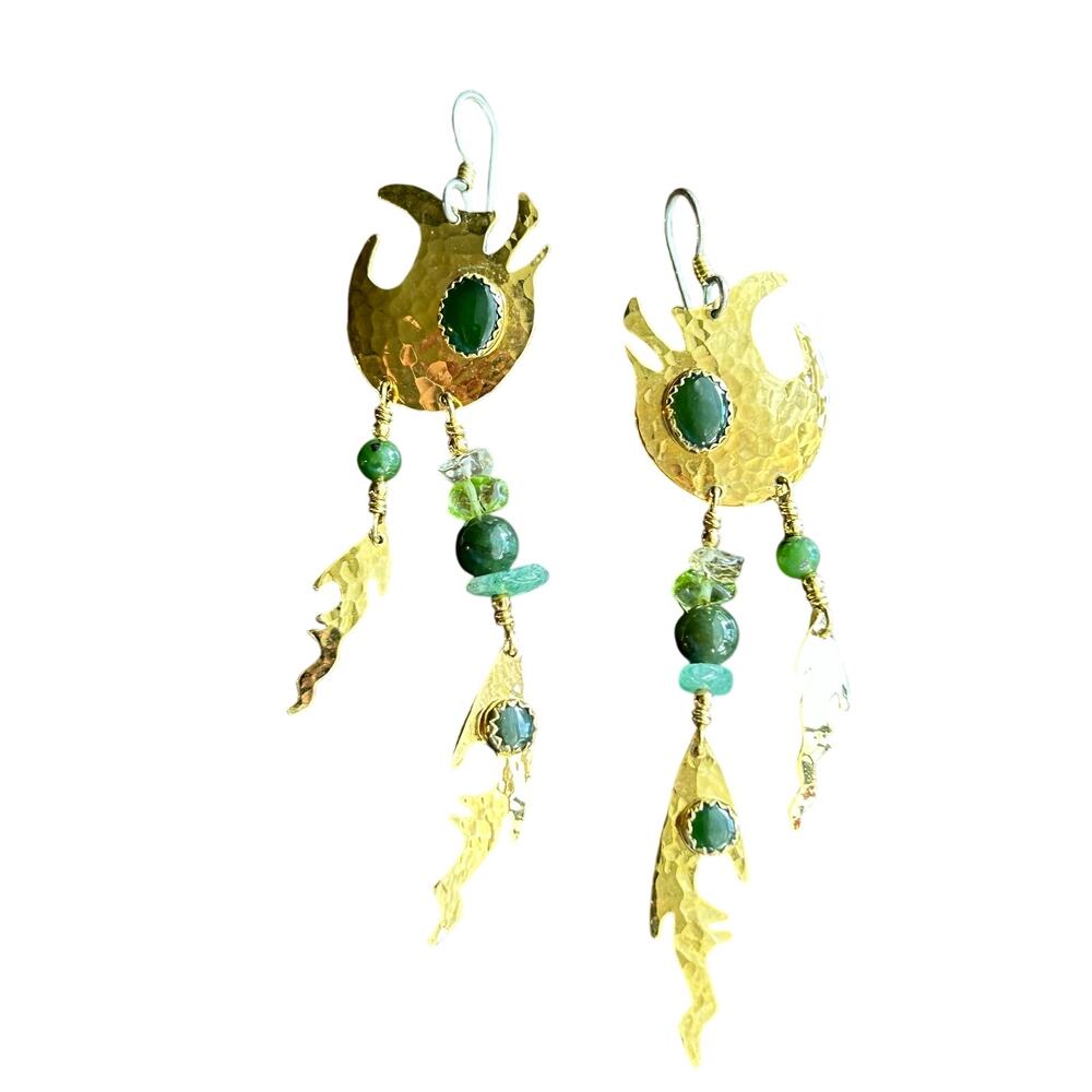 Vintage artist hand crafted signed metal & stone gold tone earrings